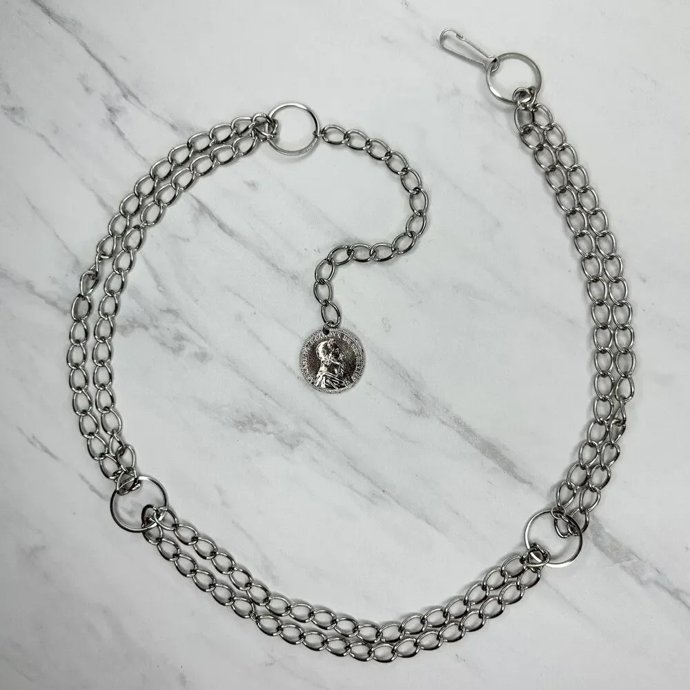 Coin Charm Silver Tone Metal Chain Link Belt Small (S) Classical Y2K Edgy ⚡